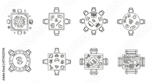table top view illustrations of games meetings and hobbies perfect for illustrating leisure activities collaboration and fun in vector graphics