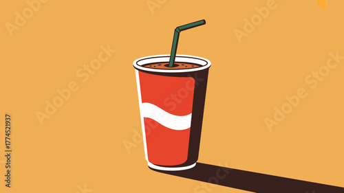 A stylized illustration of a red soda cup with a straw casting a shadow on a yellow backdrop