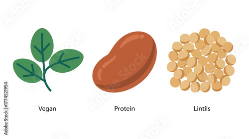 A vibrant illustration showcasing vegan food options including leaves, beans, and lentils in a flat design style.