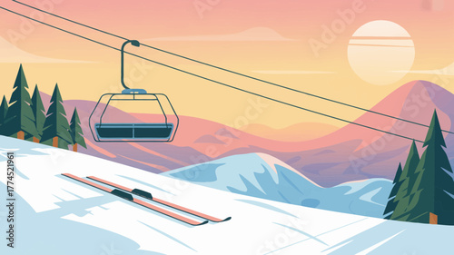 A vibrant illustration depicting a scenic ski resort with a chairlift and snowy mountains at sunset