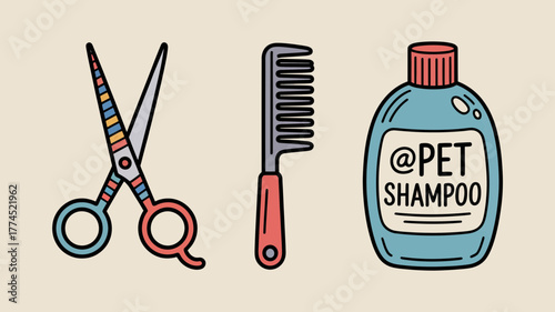 Adorable illustration of pet grooming tools, including scissors, comb, and shampoo bottle