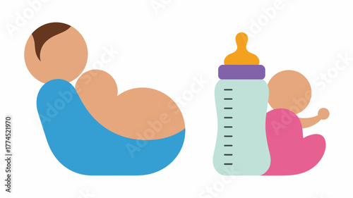 Adorable illustration of two babies with a feeding bottle, perfect for baby-related themes.
