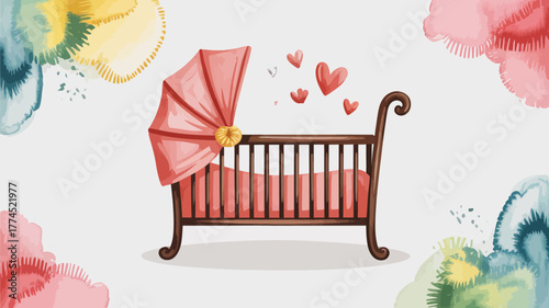 Adorable watercolor illustration of a baby crib with hearts and floral decorations on a light background