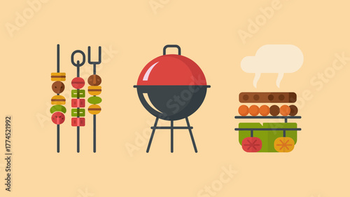 Colorful flat design illustration of barbecue skewers, grill, and cooking food on a light background.