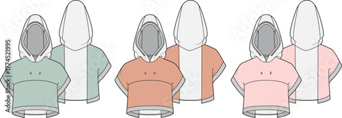 Set of technical flat sketches for a women's short sleeve hoodie. Apparel design template showing front and back views in multiple colorways for fashion production