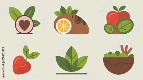 Colorful flat design illustrations of healthy food items showcasing various fruits and vegetables