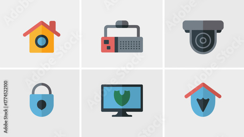 Flat design security and protection icons featuring house, lock, camera, and shield symbols