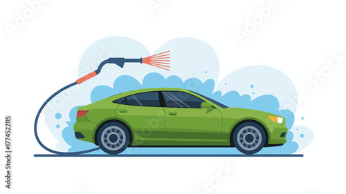 Illustration of a green car being washed with a pressure washer in a car wash setting