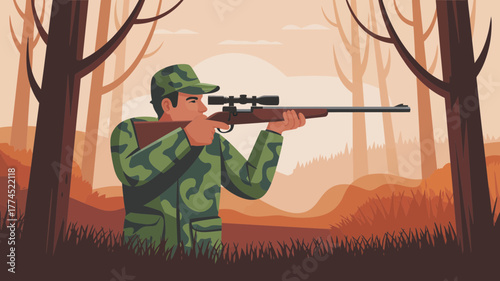Illustration of a hunter aiming a rifle in a forest during the autumn season with trees.