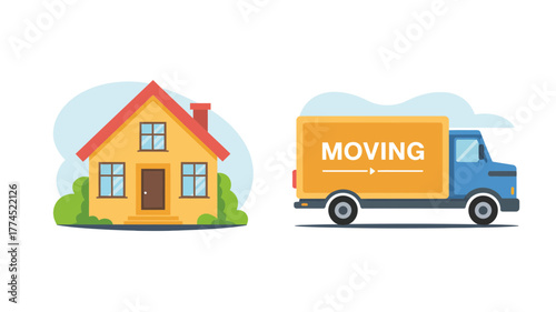 Illustration of a house and a moving truck depicting a relocation process in a flat design