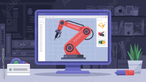 Illustration of a red robotic arm on a computer screen in a creative design environment