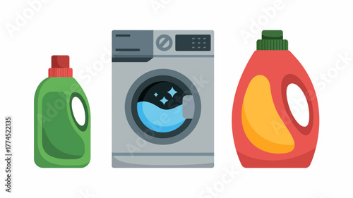 Laundry day illustration featuring a washing machine and detergent bottles on a white background