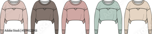 Set of fashionable women's cropped long-sleeve crewneck sweatshirts in a versatile color range, perfect for apparel design, technical flat sketches, and contemporary clothing illustrations