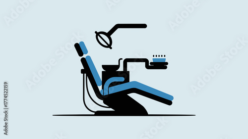 Minimalist illustration of a dental chair with equipment in a modern flat style design