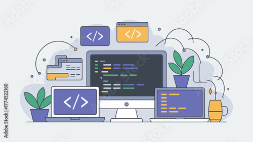 Modern illustration of coding environment featuring computers, plants, and design elements
