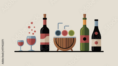 Stylish flat design illustration showcasing various wine bottles, glasses, and a barrel with drinks