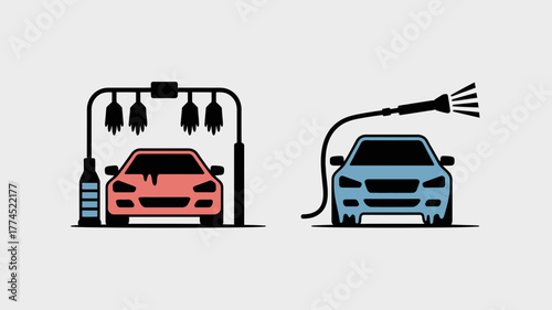 Two car wash illustrations with different styles, depicting the cleaning process and tools