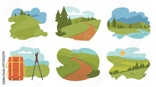 Six colorful and stylized illustrations of outdoor landscapes, hiking, and travel themes.
