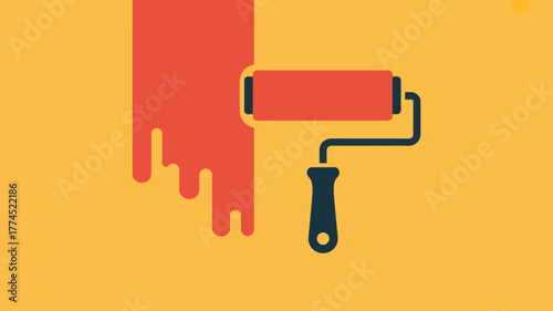 Vector illustration of a paint roller applying red paint on a yellow surface background