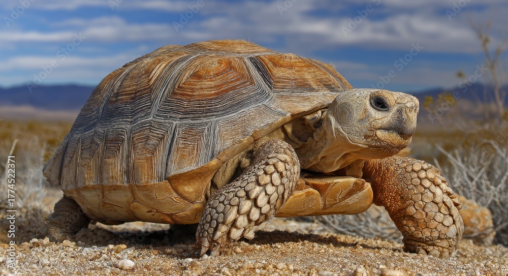 Obraz premium Ancient Gopherus Agassizii: An Endangered Desert Tortoise Amidst the Mojave Desert Landscape Near Baker, California