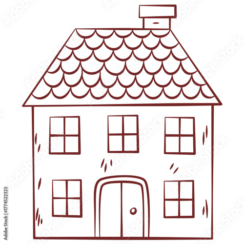 Red gingerbread house with bee smoker illustration in hand drawn style. Festive decoration for holiday.