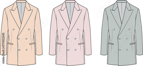 Set of classic double-breasted blazers in pastel colors. Technical flat fashion illustration for apparel design and clothing templates