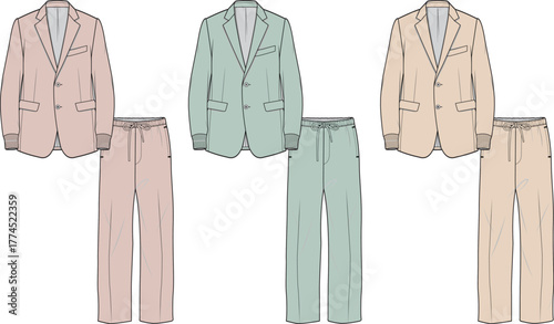 Fashion illustrations of men's suits in various colors and styles, showcasing tailored jackets and trousers with adjustable waistbands for a modern fit