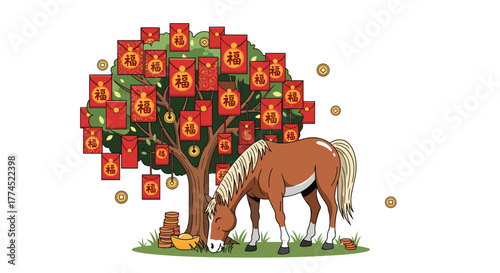 A Brown Horse Grazing Under a Lucky Red Envelope Tree, Generative AI.