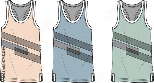 Modern collection of three sleeveless athletic tank tops, each featuring a unique diagonal stripe design in soft pastel colors, perfect for activewear and contemporary fashion