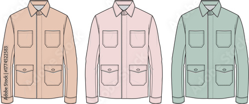 Flat design illustration of three pastel-colored utility jackets with multiple pockets