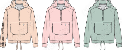 Women's quarter-zip pullover hoodie anorak jacket with front pocket, a technical flat fashion sketch template vector set in pastel colors