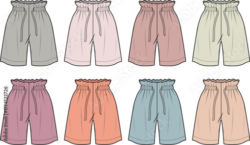 Colorful set of women's summer shorts with a high-waist paperbag design and drawstring detail. Vector fashion technical flat sketch template