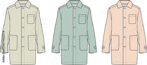 Collection of three illustrated stylish outerwear jackets in pastel colors, perfect for fashion design