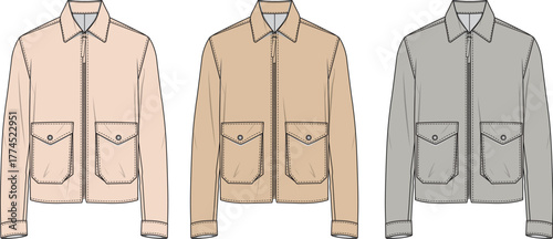 Technical flat sketch of a casual utility jacket with zipper, classic collar, and patch pockets, presented in neutral colors for fashion design