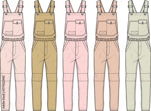 Set of bib overalls in multiple colorways. Fashion design technical flat vector template for apparel and clothing collections
