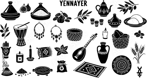 Yennayer (Berber New Year) Traditional Elements: North African cultural symbols, food, instruments, crafts, and festive decorations vector set.