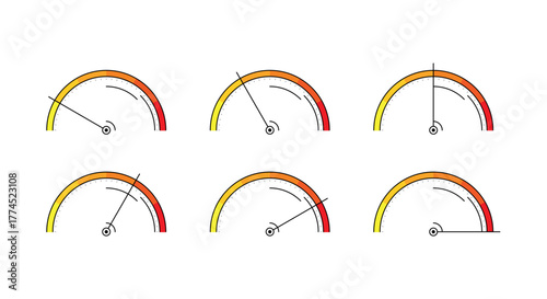 Six steps, semicircular speedometer on white background. Six options speed dial