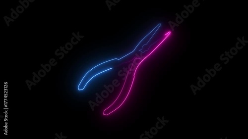 Neon pink and blue glowing pliers icon, on black background, digital wireframe tool symbol.