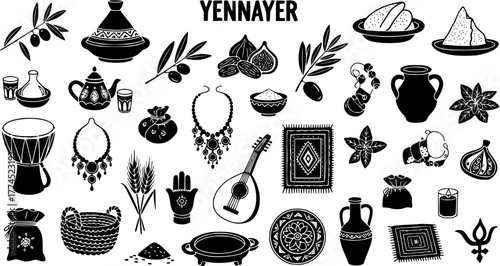 Yennayer Culture Vector Icons Set: Traditional Berber New Year Elements