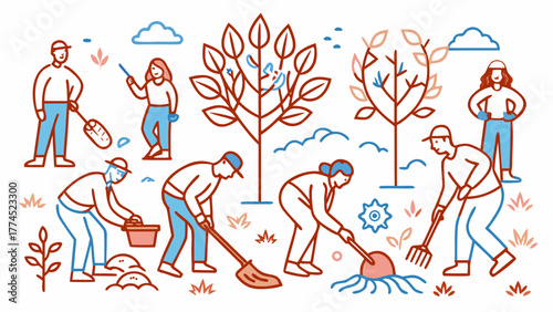 People plant trees in the park. Caring for the environment
