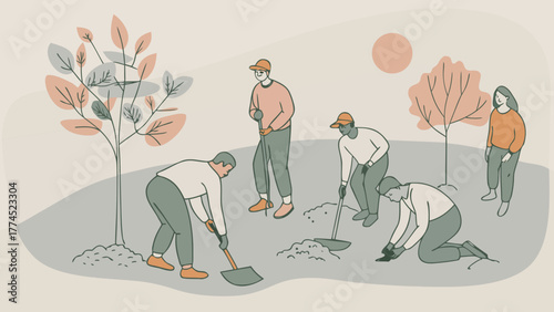 People plant trees in the park. Caring for the environment