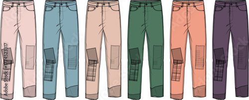 Colorful collection of jeans with patches Fashionable denim wear in various pastel hues