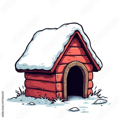 Frozen doghouse with a snowy roof, surrounded by winter grass and stones