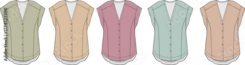 Collection of women's sleeveless button-down blouses in various pastel colors. Fashion flat sketch template for apparel design