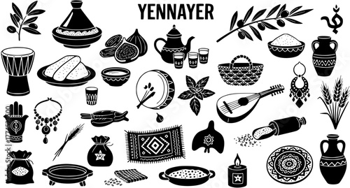 Yennayer Amazigh New Year celebration symbols set: traditional Berber culture elements, food, music, jewelry, and pottery, black and white vector illustration.