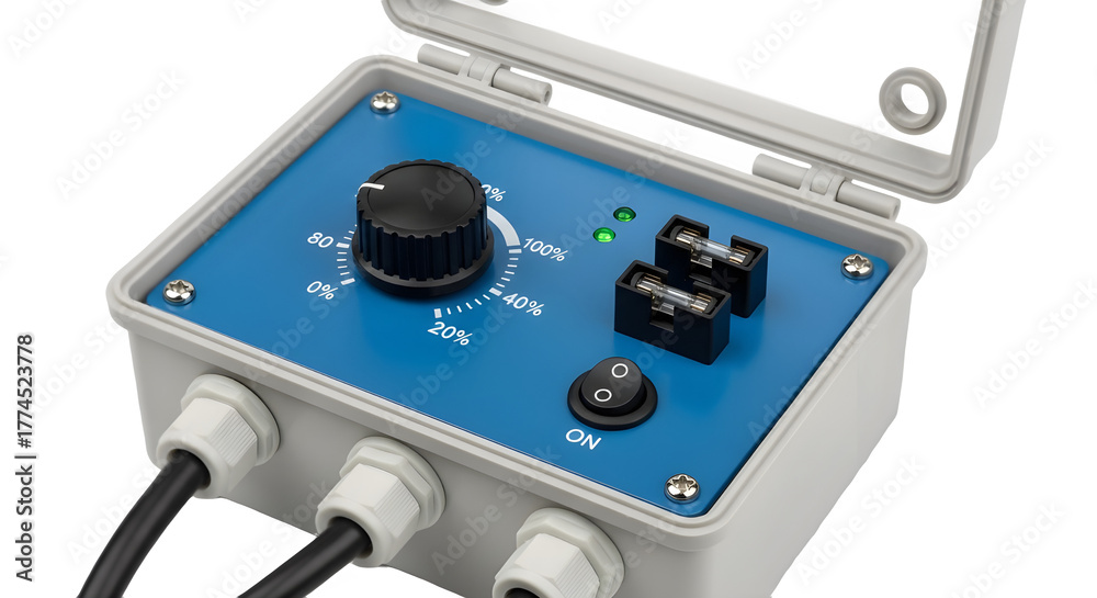 Fototapeta premium Waterproof Electrical Control Box Product Shot with Adjustable Dial and Fuses isolated on White