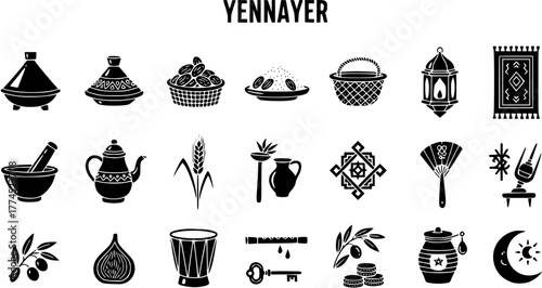 Yennayer Amazigh New Year Symbols Icon Set. Traditional North African Cultural Elements, Food, Utensils, and Ritual Objects in Black  White