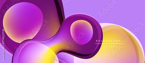 Abstract purple, yellow shapes overlap. Gradient colors create dynamic visual effect. Modern design for backgrounds, presentations.