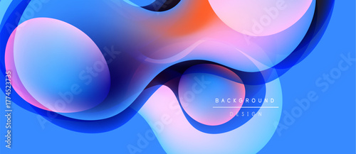 Abstract fluid shapes blend, creating vibrant blue, pink, orange gradients. Modern design evokes motion, energy, smoothness.