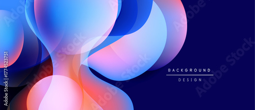 Abstract fluid shapes overlap, creating vibrant color gradients. Blue dominates with pink, orange accents. Modern design element.